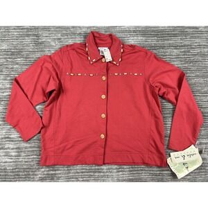 Natalie & Me Shirt Womens XL Red Weekend Beaded Cotton Button Up Long Sleeve Top